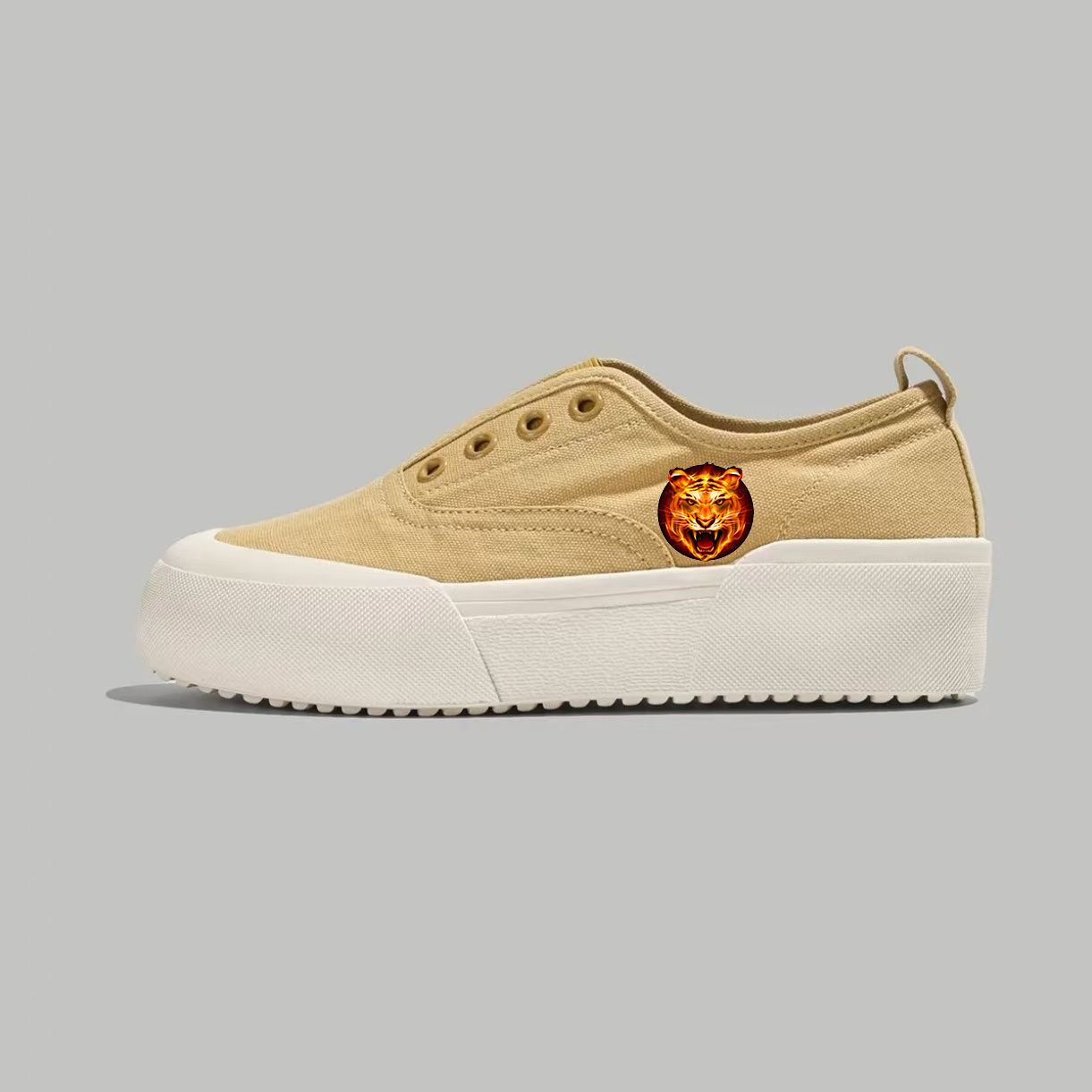 Beige Slip-On Platform Sneakers with Fiery Lion Emblem