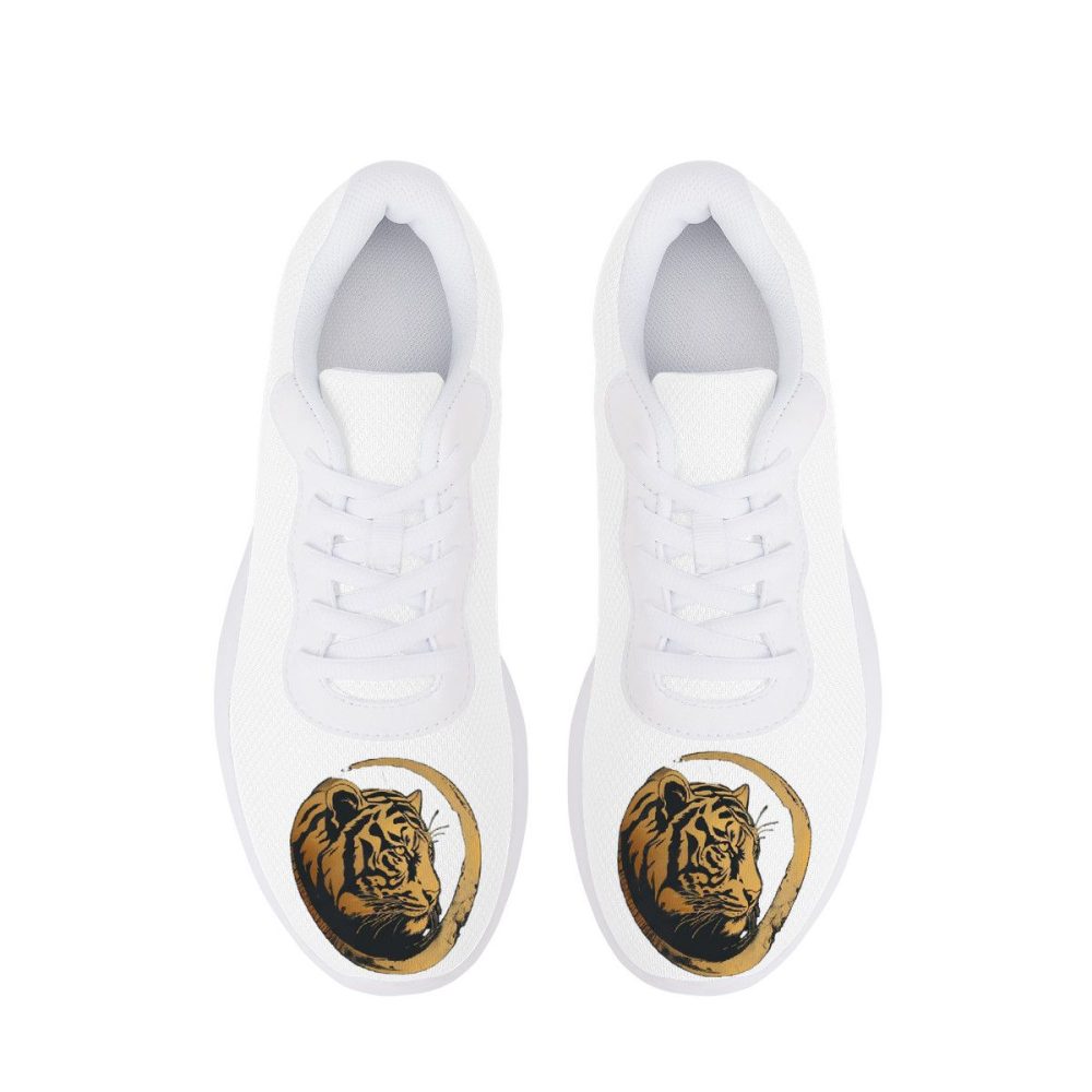 All-White Mesh Sneakers with Gilded Tiger-Crescent Motifs