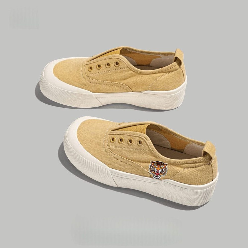 Beige Suede Slip-On Platform Sneakers with Embroidered Tiger Patch