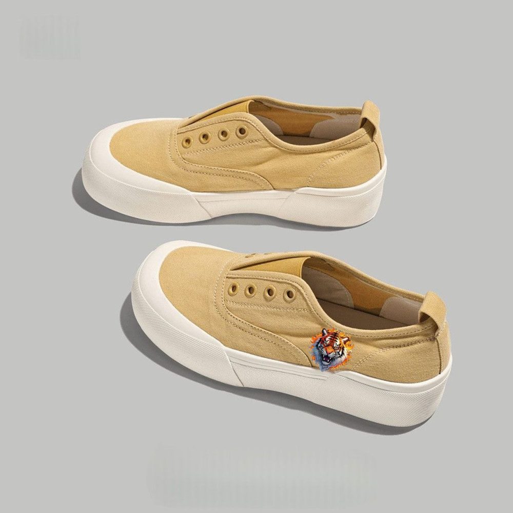 Beige Suede Slip-On Platform Sneakers with Colorful Tiger Embroidery